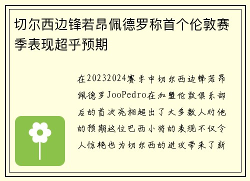 切尔西边锋若昂佩德罗称首个伦敦赛季表现超乎预期 切尔西边锋若昂佩德罗称首个伦敦赛季表现超乎预期